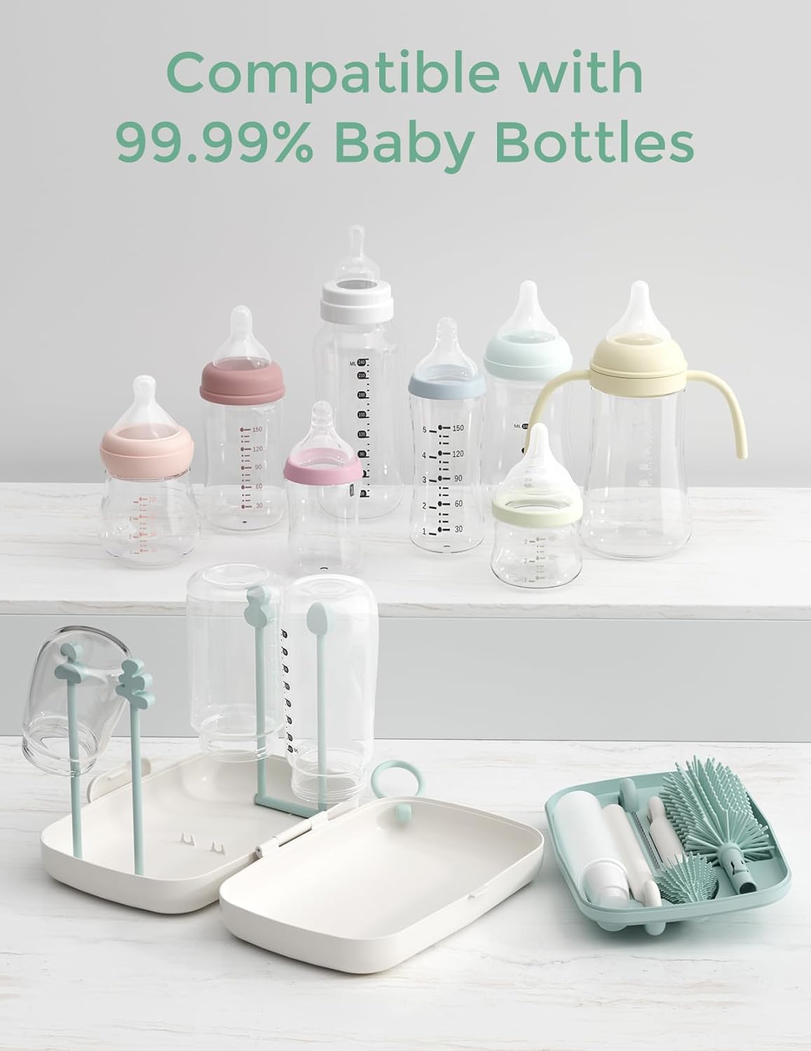 Momcozy 7-in-1 Bottle Brush Set with Silicone Brush, Drying Rack, Soap Dispenser