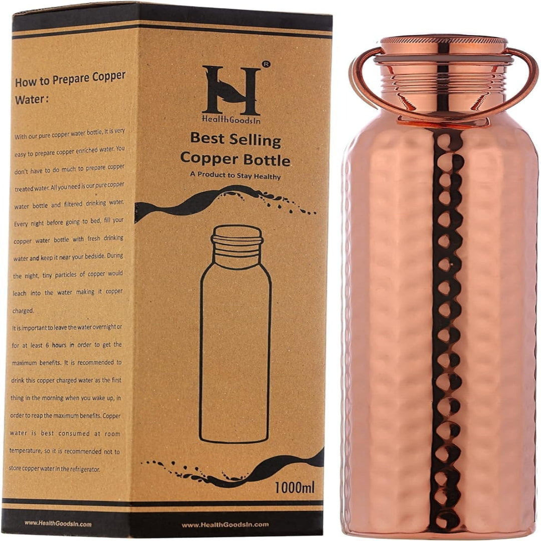 Copper Water Bottle 1000ml Hammered with Handle Ayurvedic Health Benefits
