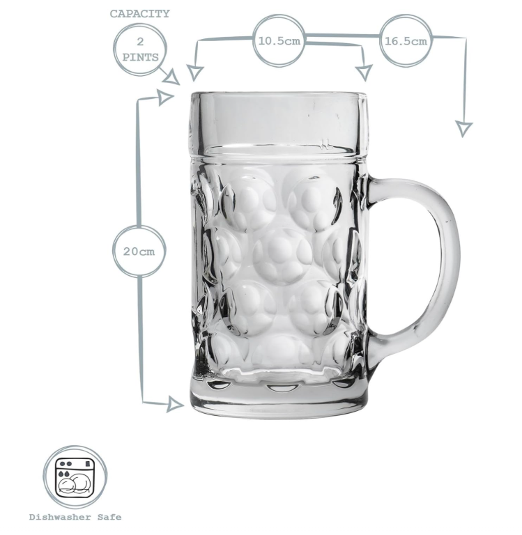Rink Drink German Beer Stein Mug - 1 Litre Large Dimpled Glass Tankard with Handle for Craft Beer