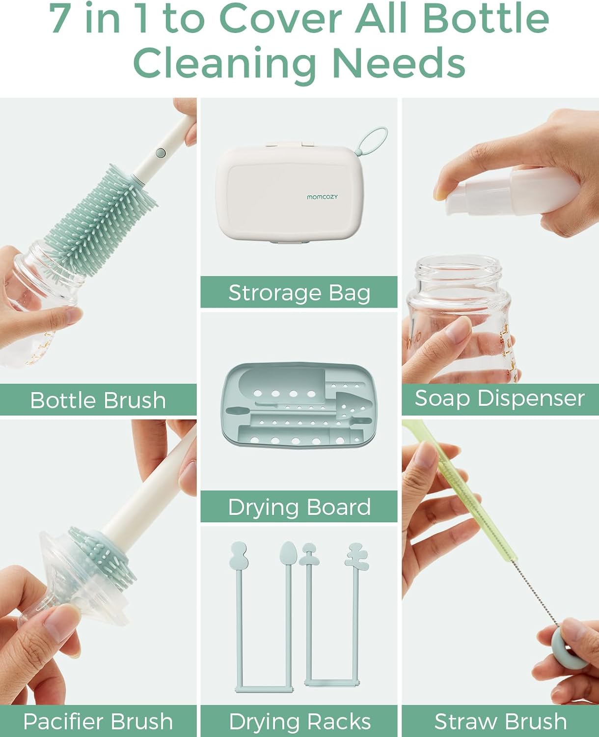 Momcozy 7-in-1 Bottle Brush Set with Silicone Brush, Drying Rack, Soap Dispenser