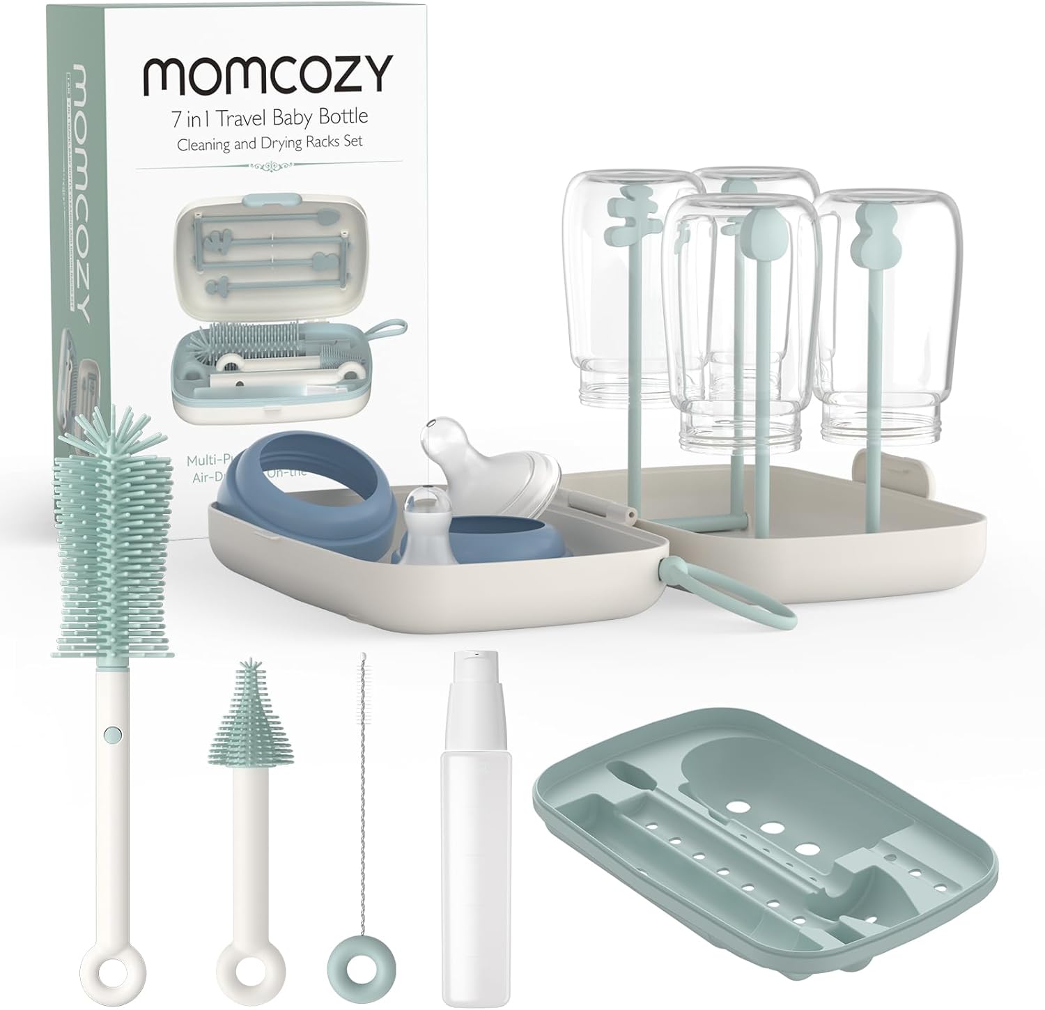 Momcozy 7-in-1 Bottle Brush Set with Silicone Brush, Drying Rack, Soap Dispenser